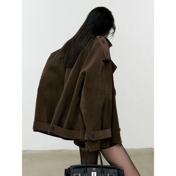 Commense Lapel Loose Suede Jacket - XS - Army Green - Picture 3 of 3